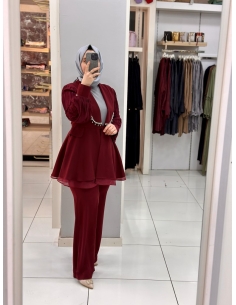 Levidor Taşlı Ceket Takım 100388 bordo