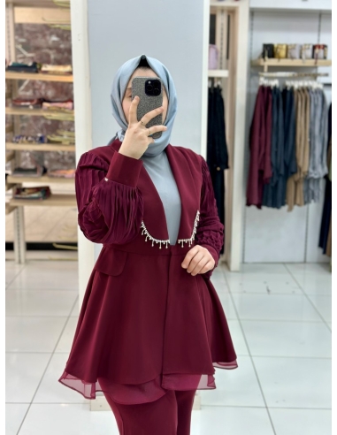 Levidor Taşlı Ceket Takım 100388 bordo