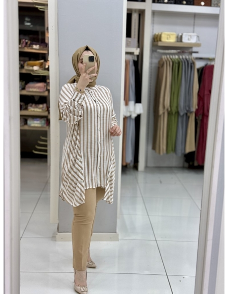 Levidor Çizgili Pamuk Tunik 230092 camel