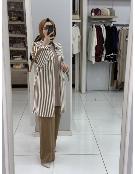 N PRİVE F19463 ÖRME DETAYLI PANTOLONLU 3LÜ TAKIM CAMEL