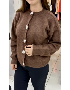 Çiçek Düğmeli Sakallı Hırka 732 KAHVE