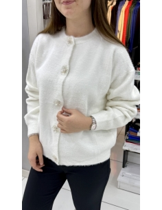 Çiçek Düğmeli Sakallı Hırka 732 BEYAZ