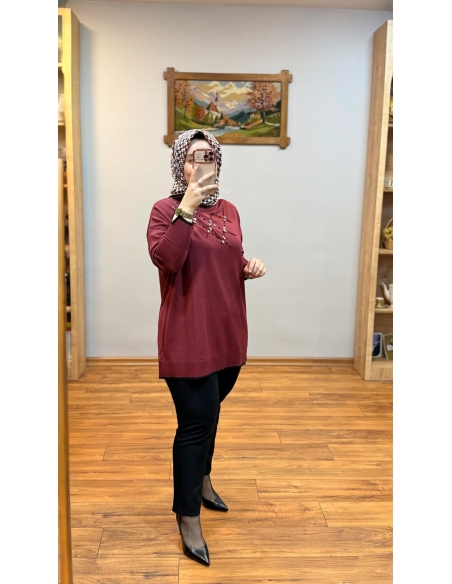 N PRİVE F17028  YARIM BALIKÇI TAŞ DET TUNİK BORDO