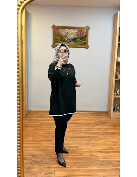 N PRİVE F17028  YARIM BALIKÇI TAŞ DET TUNİK SİYAH