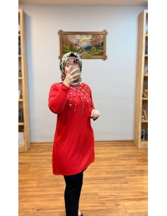 N PRİVE TAŞLI TRİKO TUNİK F17016 KIRMIZI