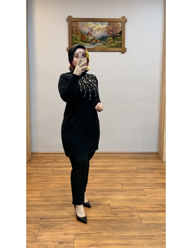 N PRİVE TAŞLI TRİKO TUNİK F17016 SİYAH