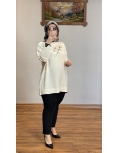 N PRİVE F17028  YARIM BALIKÇI TAŞ DET TUNİK BEYAZ