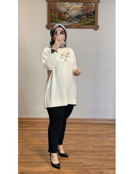 N PRİVE F17028  YARIM BALIKÇI TAŞ DET TUNİK BEYAZ