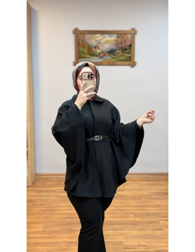 KEMERLİ KAŞE PANÇO SİYAH