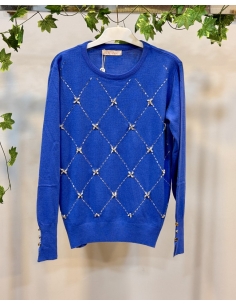 N PRİVE F17030 ÖN VE KOL BİLEKLERİ TAŞLI TRİKO BLUZ MAVİ