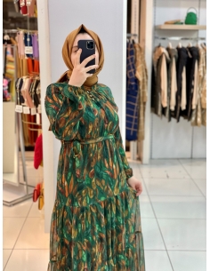 Yaprak Desen Elbise 1215 Yeşil 2