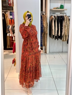 Yaprak Desen Elbise 1215 Turuncu