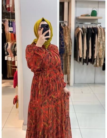 Yaprak Desen Elbise 1215 Turuncu