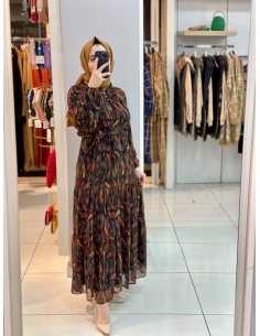 Yaprak Desen Elbise 1215 Siyah