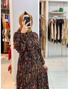 Yaprak Desen Elbise 1215 Siyah 2