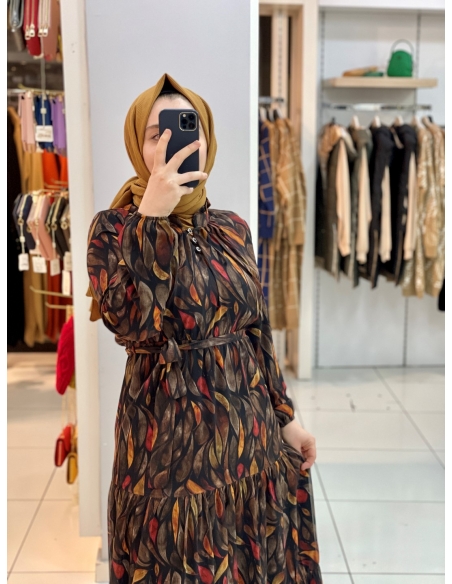 Yaprak Desen Elbise 1215 Siyah