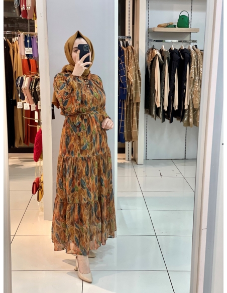 Yaprak Desen Elbise 1215 İndigo