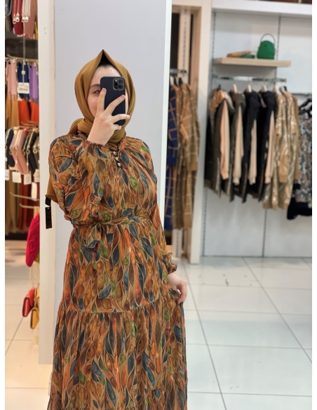 Yaprak Desen Elbise 1215 İndigo