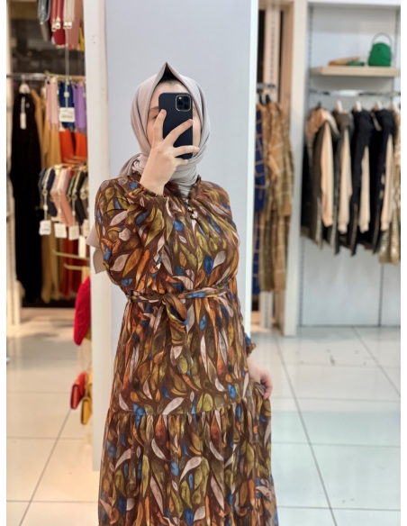 Yaprak Desen Elbise 1215 Safran