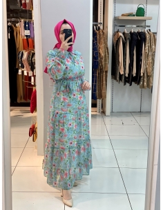 Çiçekli   Elbise 2106 Mavi 2