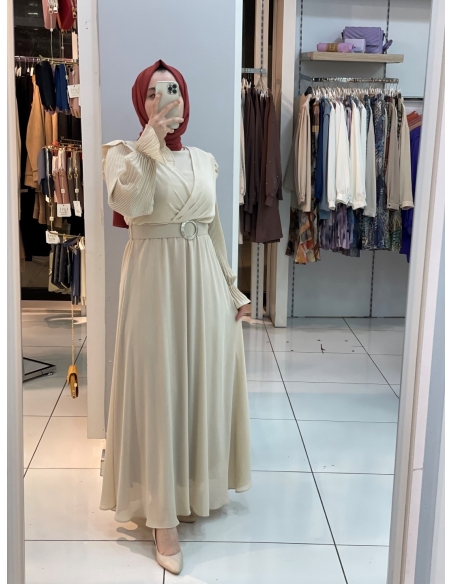 Klass Kemerli Elbise Ekru