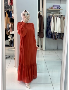 Kolu Plise Elbise 2553 Kiremit 2