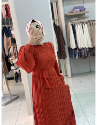 Kolu Plise Elbise 2553 Kiremit