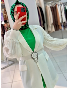 N Prive Kolu Plise Ceket Takım15048 EKRU 2