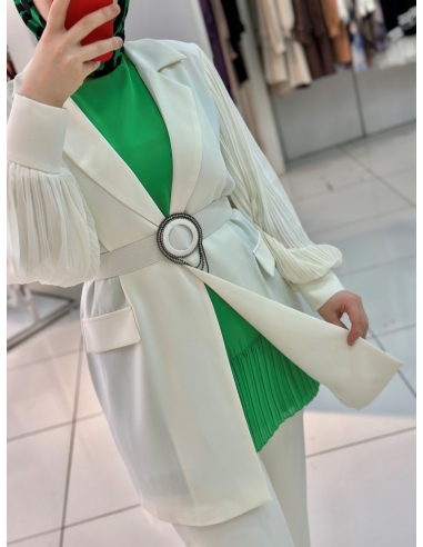 N Prive Kolu Plise Ceket Takım15048 EKRU