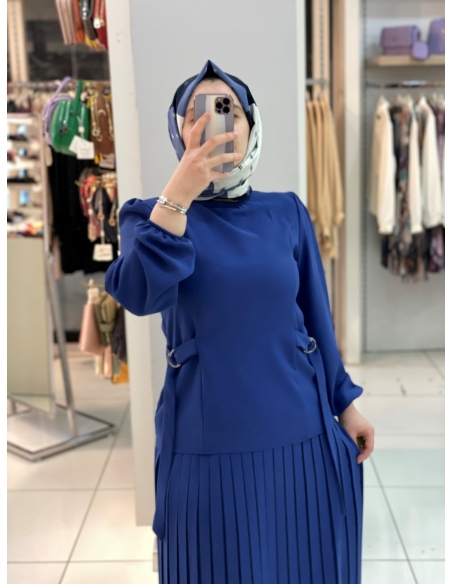 Özkayalar Belden Bağlamalı  Plise Takım İNDİGO