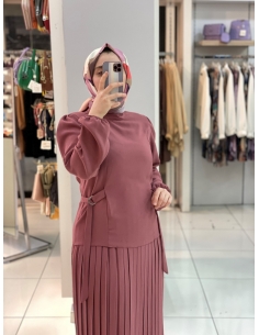 Özkayalar Belden Bağlamalı Plise Takım GÜL RENGİ