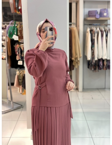 Özkayalar Belden Bağlamalı Plise Takım GÜL RENGİ