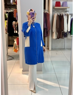 N Prive File Detaylı Kapşonlu Keten Kap 14044 Mavi