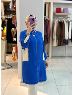 N Prive File Detaylı Kapşonlu Keten Kap 14044 Mavi 2