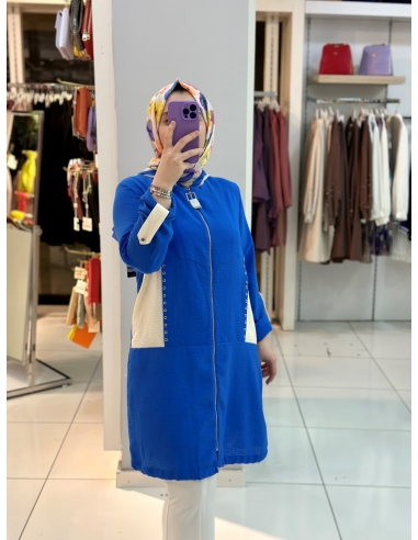 N Prive File Detaylı Kapşonlu Keten Kap 14044 Mavi