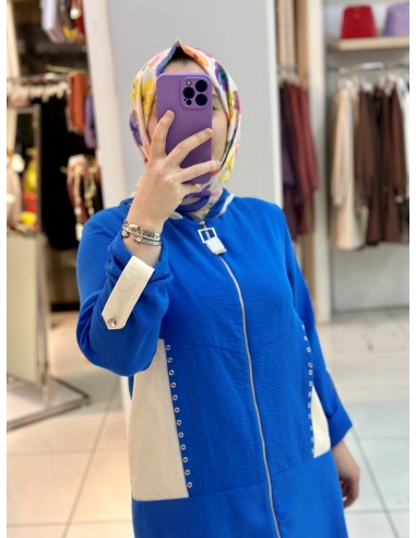 N Prive File Detaylı Kapşonlu Keten Kap 14044 Mavi