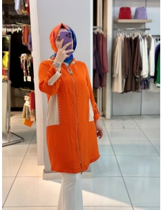 N Prive File Detaylı Kapşonlu Keten Kap 14044 oranj 2