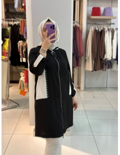 N Prive File Detaylı Kapşonlu Keten Kap 14044 siyah