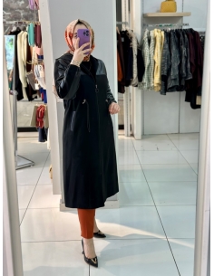 Deri Detaylı Kaşe Kaban siyah 5305