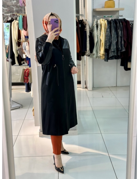 Deri Detaylı Kaşe Kaban siyah 5305