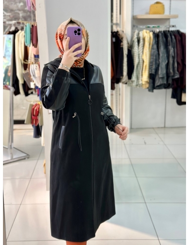 Deri Detaylı Kaşe Kaban siyah 5305