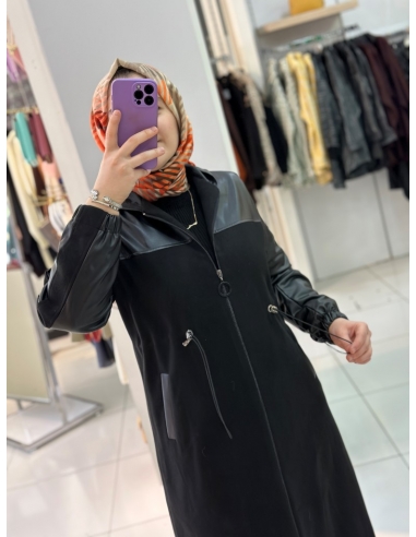 Deri Detaylı Kaşe Kaban siyah 5305