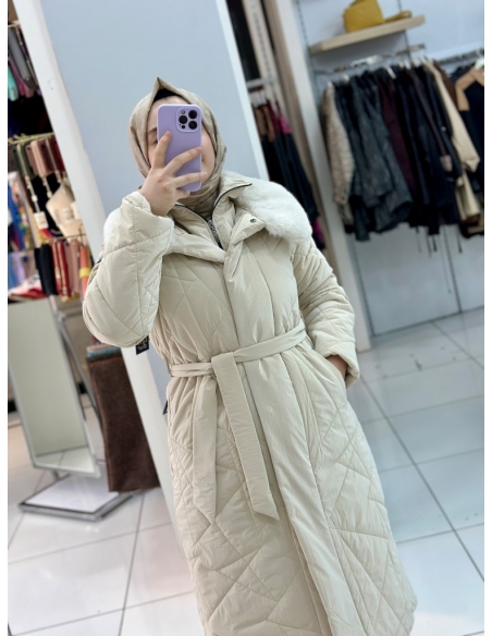 N Prive Asimetrik Desen Kürklü Şişme Mont 20001 TAŞ