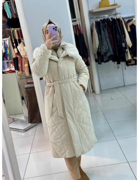 N Prive Asimetrik Desen Kürklü Şişme Mont 20001 TAŞ