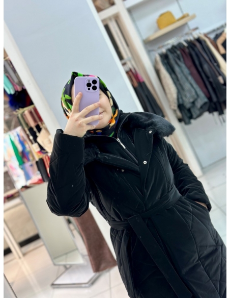 N Prive Asimetrik Desen Kürklü Şişme Mont 20001 siyah