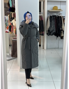N Prive Asimetrik Desen Kürklü Şişme Mont 20001gri