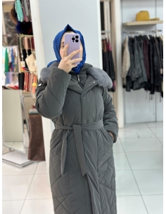 N Prive Asimetrik Desen Kürklü Şişme Mont 20001gri 2