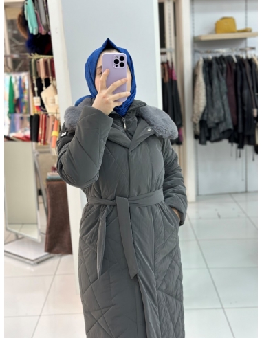 N Prive Asimetrik Desen Kürklü Şişme Mont 20001gri