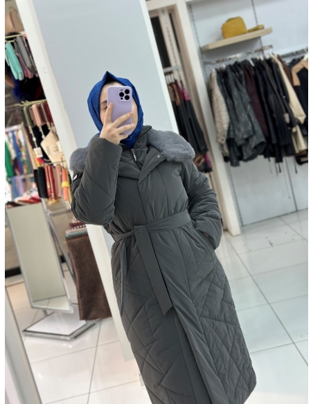 N Prive Asimetrik Desen Kürklü Şişme Mont 20001gri