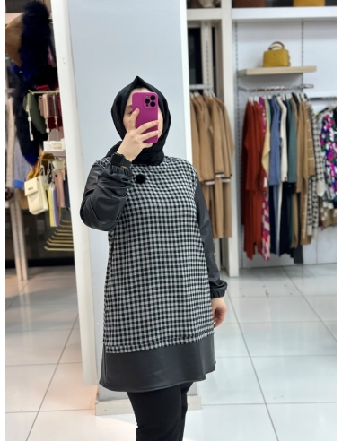 N Prive Deri Detaylı Kareli Tunik gri